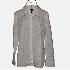 Talbots White Blouse Gold Polka Dots Sz 10 Cotton Long Sleeve Shirt